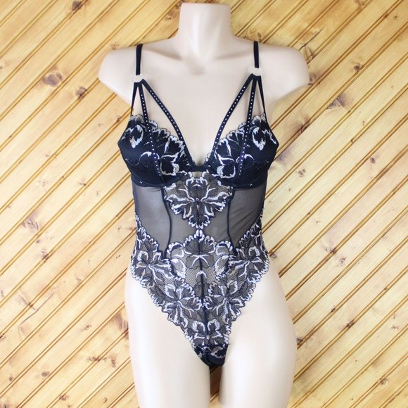 NWOT La Senza Teddy Gold Silver Floral Black Padded Underwire XS Sheer T68 - Picture 2 of 8